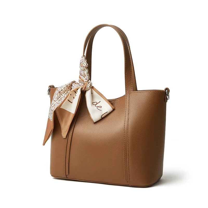 Women Plain Leather Tote Bag with Silk Scarf Large Capacity